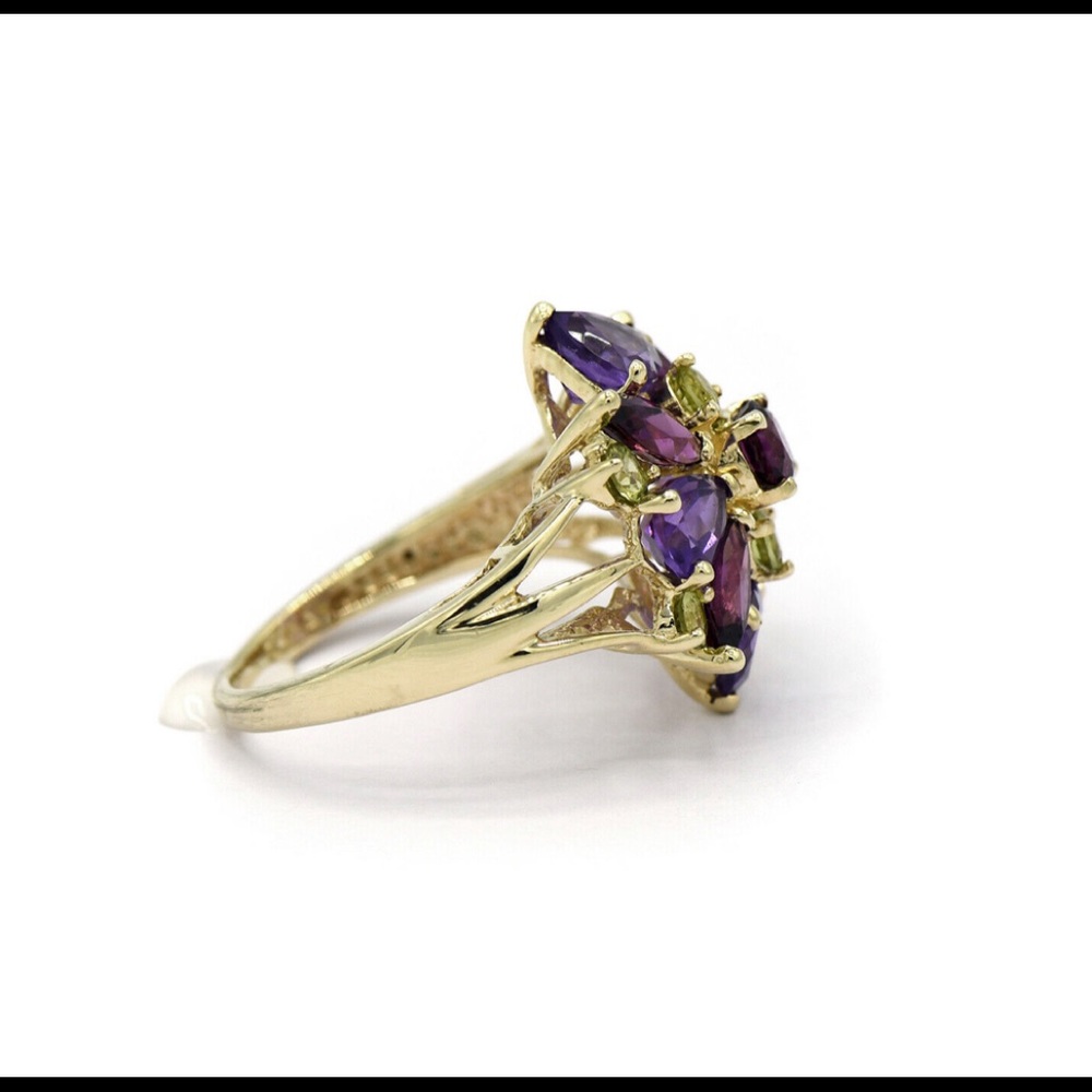 🍁 10KT YELLOW GOLD AMETHYST, PERIDOT & RHODOLITE GARNET FLOWER CLUSTER RING - Picture 4 of 12